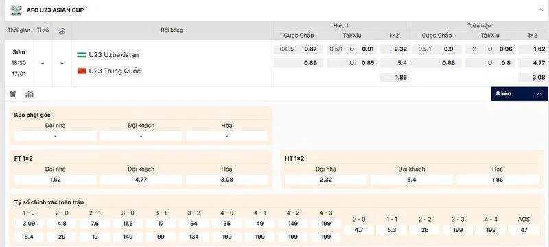 Soi Kèo U23 Uzbekistan vs U23 Trung Quốc 18h30 17/01 - Tứ kết U23 Châu Á 5 Các kèo hấp dẫn nên tham gia của trận U23 Uzbekistan vs U23 Trung Quốc