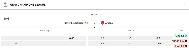 Soi Kèo Bayer Leverkusen Vs Arsenal 00h45 12/03 - Champions League 3 Tỷ lệ kèo trận Bayer Leverkusen vs Arsenal